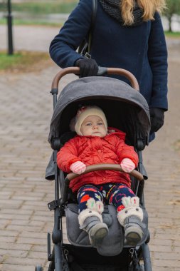 Küçük bebek arabası içinde oturuyor.