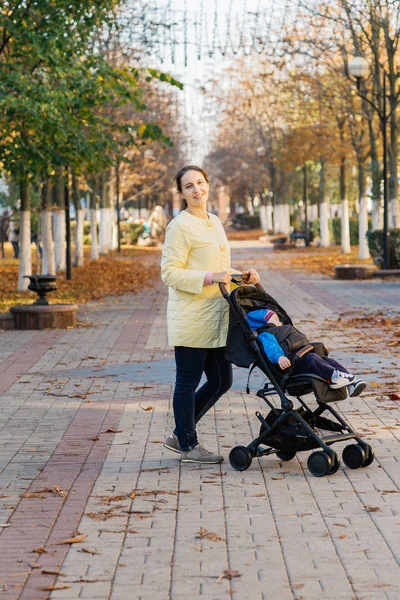 Женщина с ребенком в коляске гуляет по парку в солнечный день . — стоковое фото