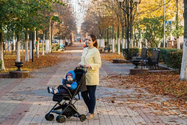 Una mujer con un niño en un cochecito camina por el parque en un día soleado . — Foto de Stock