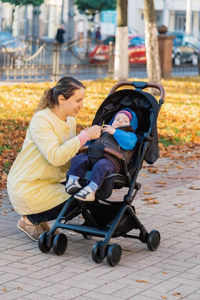 Женщина с ребенком в коляске гуляет по парку в солнечный день . — стоковое фото