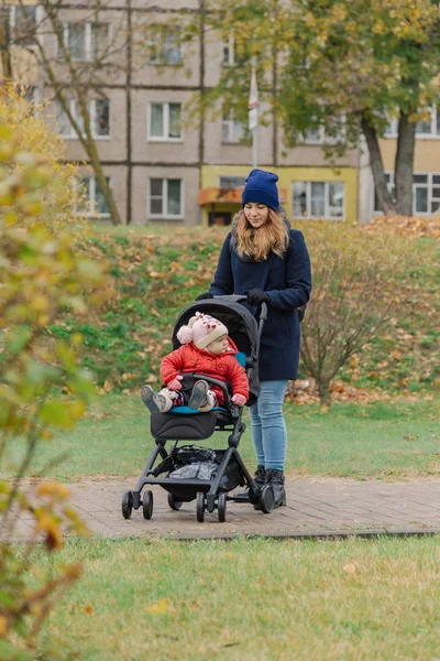 Женщина гуляет в парке с коляской и маленьким ребенком . — стоковое фото