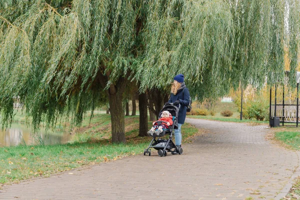 Una mujer camina por el parque con un cochecito y un niño . — Foto de Stock