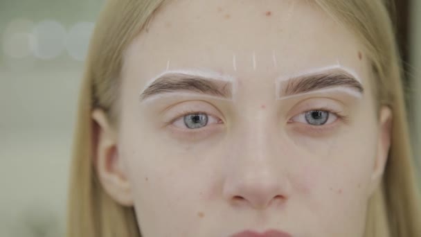 Portrait d'une belle fille avec des sourcils encadrés pour la coloration dans un salon de beauté . — Video