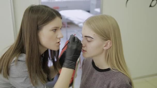 Maquiagem artista faz coloração de sobrancelha com corantes naturais, tonificação com henna, procedimentos cosméticos no salão de beleza . — Vídeo de Stock