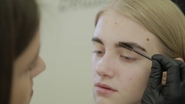 Maquillaje artista hace tinción de cejas con tintes naturales, tonificación con henna, procedimientos cosméticos en el salón de belleza . — Vídeo de stock