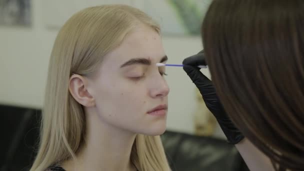 Maquiagem artista faz coloração de sobrancelha com corantes naturais, tonificação com henna, procedimentos cosméticos no salão de beleza . — Vídeo de Stock