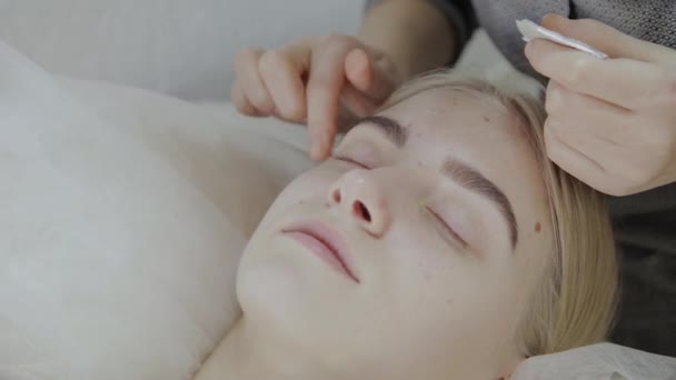 Masseur aplica creme de massagem facial para uma jovem em um salão de beleza . — Vídeo de Stock