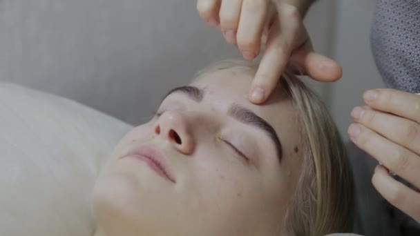 Masajista aplica crema de masaje facial a una joven en un salón de belleza . — Vídeos de Stock