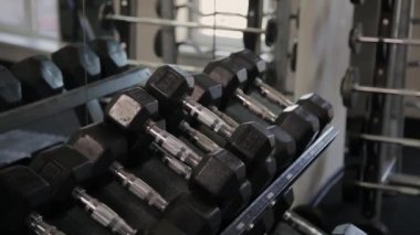 Şişman adam spor salonunda dumbbells ile eğitim.