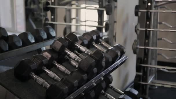 Жирний чоловік тренується з гантелями в спортзалі . — стокове відео