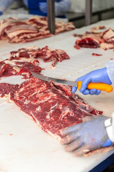 Meat-processing worker cuts the carcass of a cow.