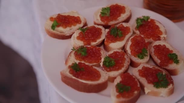 Sandwiches con caviar rojo en un plato . — Vídeos de Stock