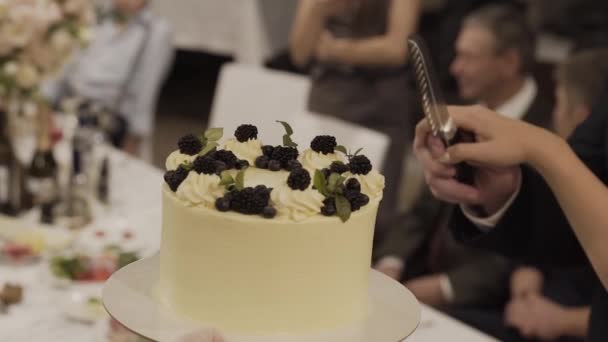 Torta nuziale di una coppia gay durante la festa di nozze durante le riprese dei fotografi. Homo festa di nozze — Video Stock