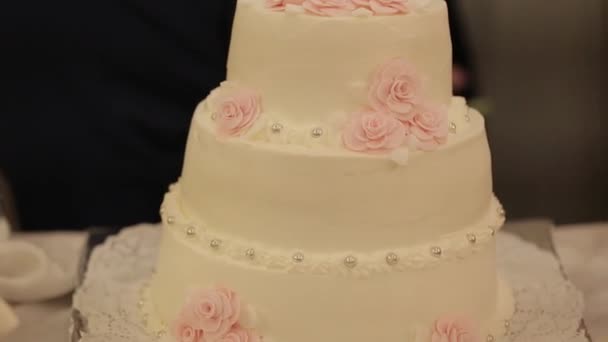 Pastel de boda de una pareja gay durante la fiesta de bodas mientras los fotógrafos disparan. Fiesta de bodas Homo — Vídeos de Stock