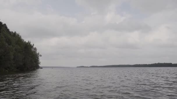 Hermosa vista desde la orilla de un pequeño lago y un bosque en la distancia . — Vídeos de Stock