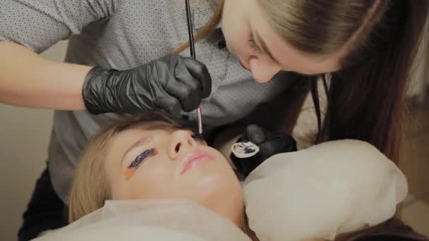 A very beautiful girl in a beauty salon does a lamination lashes. Beautician puts paint on the eyelashes. — Stock Video