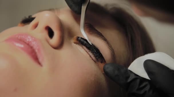 Une très belle fille dans un salon de beauté fait une plastification des cils. Esthéticienne effectue la procédure de fragmentation des cils . — Video