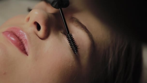 Ein sehr schönes Mädchen in einem Schönheitssalon macht eine Laminierung Wimpern. Kosmetikerin führt den Eingriff Wimpernfragmentierung durch. — Stockvideo