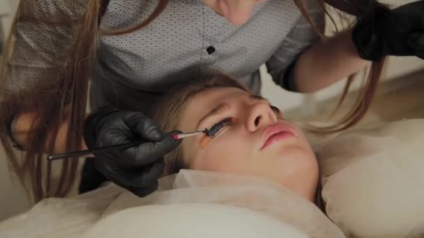 Une très belle fille dans un salon de beauté fait une plastification des cils. Esthéticienne met de la peinture sur les cils . — Video