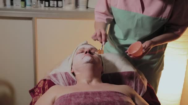 Un cosmétologue professionnel applique un masque facial à une femme âgée. Innovations cosmétologiques . — Video