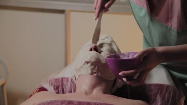 Een professionele schoonheidsspecialist past een gezichtsmasker aan een bejaarde vrouw toe. Cosmetische innovaties. — Stockvideo