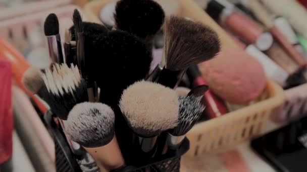 Een set van penselen voor make-up op de tafel make-up Artist. — Stockvideo