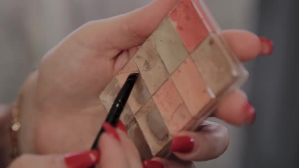 Επαγγελματίας καλλιτέχνης μακιγιάζ κρατά εργαλείο για τη μορφή στα χέρια — Αρχείο Βίντεο