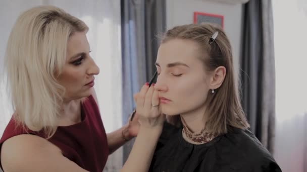 Makeup artist applica il trucco professionale a una bella ragazza. Nuovo concetto di trucco . — Video Stock