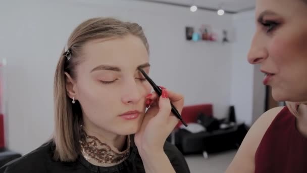 Maquillaje artista aplica maquillaje profesional a una hermosa joven. Nuevo concepto en maquillaje . — Vídeo de stock