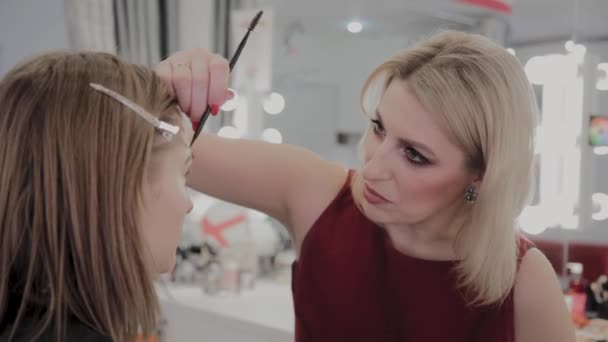 Makeup artist applica il trucco professionale a una bella ragazza. Nuovo concetto di trucco . — Video Stock