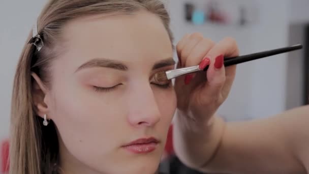 Maquillaje artista aplica maquillaje profesional a una hermosa joven. Nuevo concepto en maquillaje . — Vídeo de stock