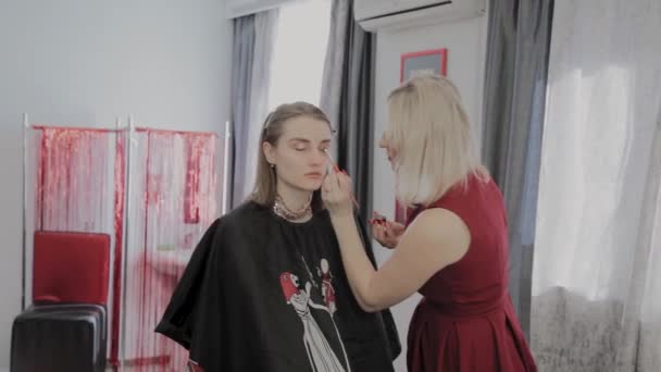 Makeup artist applica il trucco professionale a una bella ragazza. Nuovo concetto di trucco . — Video Stock