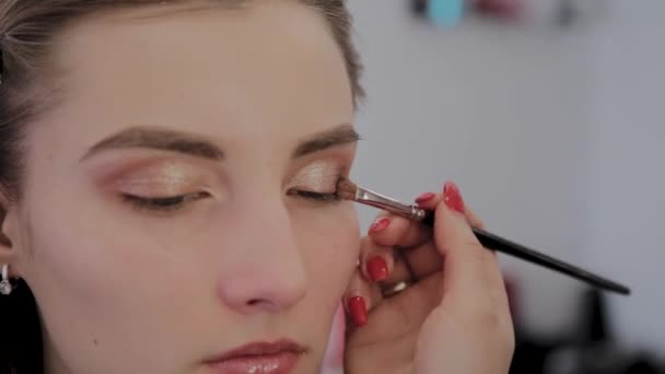 Maquilleuse applique un maquillage professionnel à une belle jeune fille. Nouveau concept dans le maquillage . — Video