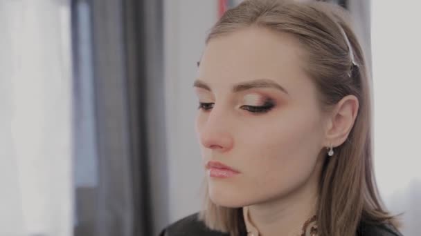 Make-up Artist past professionele make-up om een mooi jong meisje. Nieuw concept in make-up. — Stockvideo