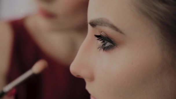 Maquiagem artista aplica maquiagem profissional para uma bela jovem. Novo conceito em maquiagem . — Vídeo de Stock