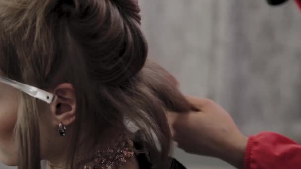 Professional hairdresser does a girls hairstyle for a photo shoot. — Stock Video