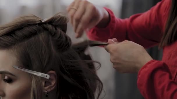 Professional hairdresser does a girls hairstyle for a photo shoot. — Stock Video