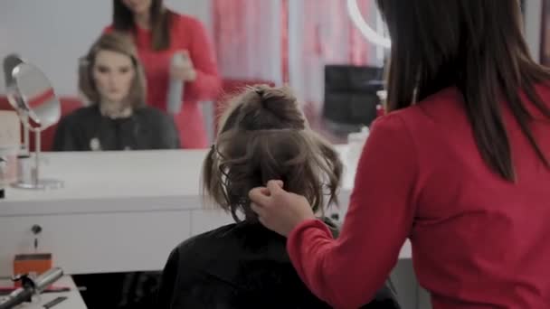 Professional hairdresser does a girls hairstyle for a photo shoot. — Stock Video