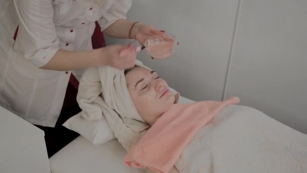 Trägt ein professioneller Kosmetiker einem jungen Mädchen mit einem Pinsel eine Gesichtsmaske auf. Neues Konzept in der Kosmetologie. — Stockvideo