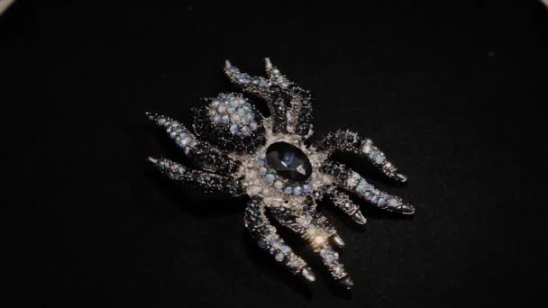 Broche na forma de uma aranha em um suporte rotativo preto. Joalharia Premium. Macro . — Vídeo de Stock