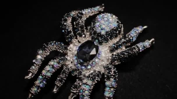 在黑色旋转的支架上以蜘蛛的形式出现的胸针。高级珠宝。宏观. — 图库视频影像