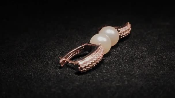 Belles boucles d'oreilles féminines sur un support rotatif noir. Bijoux Premium. Macro . — Video