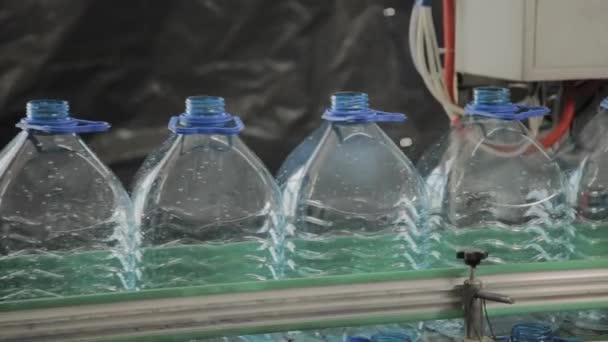Plastik şişe üretim hattında. Plastik kalıp şişeleme fabrikası. Boşlukları fabrikada plastik şişe. — Stok video