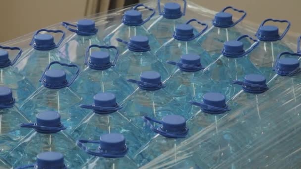 Blå plastflasker til drikkevann i store mengder . – stockvideo
