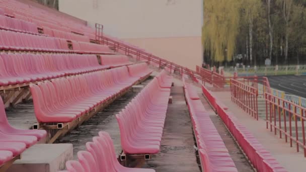 La chica corre en el estadio entre los asientos, entrenando al aire libre . — Vídeos de Stock