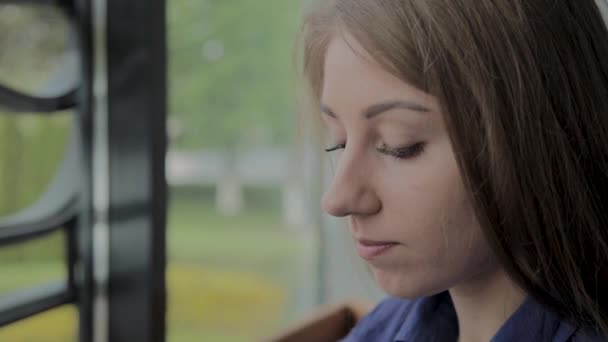 Mooi meisje met gebakken aardappelen in een fast-food restaurant — Stockvideo