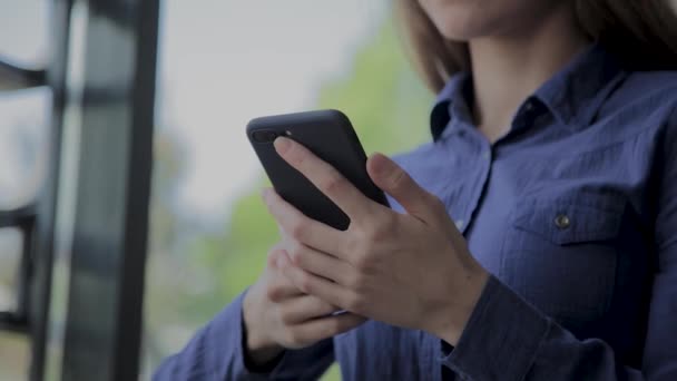 Mooi meisje zittend bij het raam met een telefoon in een cafe. — Stockvideo