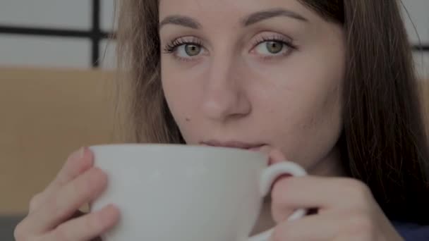 Piękna dziewczyna siedzi w kawiarni i picie kawy. — Wideo stockowe