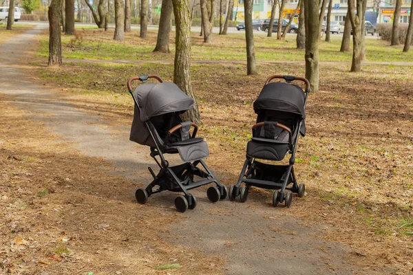 Parkta güzel bebek arabası. Yeni tasarım.