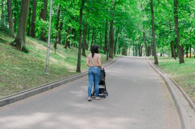 Bebek arabasında çocuklu güzel kadın bir yaz parkında yürüyor.